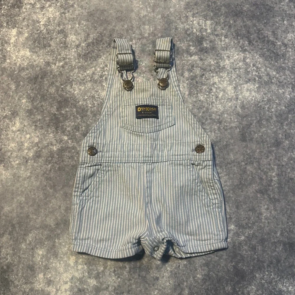 Vintage OshKosh B'gosh Baby Blue‎ Hickory Stripe Shortalls Overalls Size 3/6 Mos
